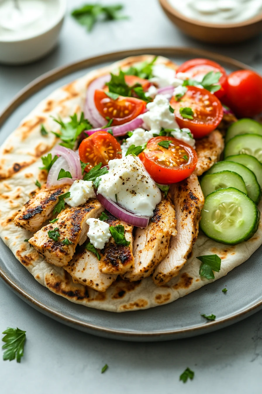 Close-up of a high protein chicken gyro with fresh ingredients and warm lighting.