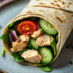 Close-up of a high protein chicken hummus wrap with fresh ingredients