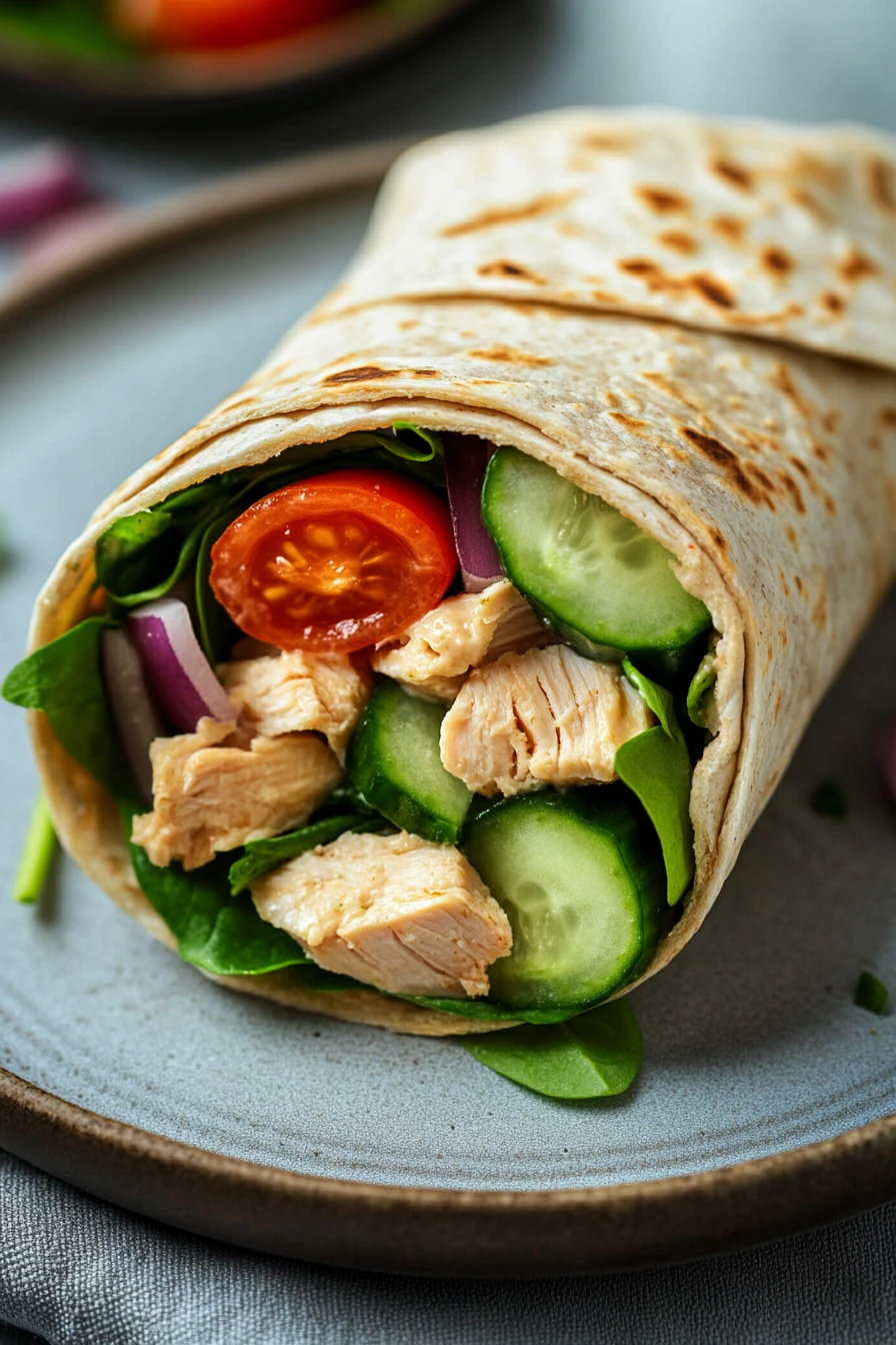Close-up of a high protein chicken hummus wrap with fresh ingredients