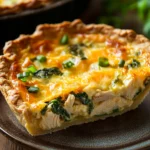 Close-up of a high protein chicken quiche with golden crust and creamy filling