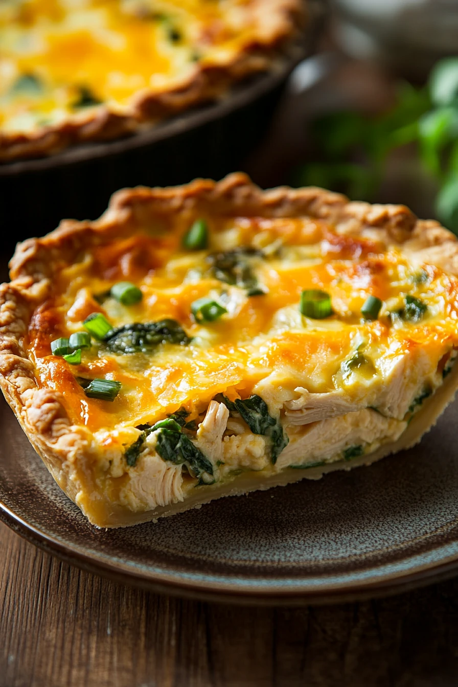 Close-up of a high protein chicken quiche with golden crust and creamy filling
