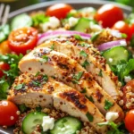 Close-up of a high protein chicken quinoa salad with fresh greens and colorful vegetables.