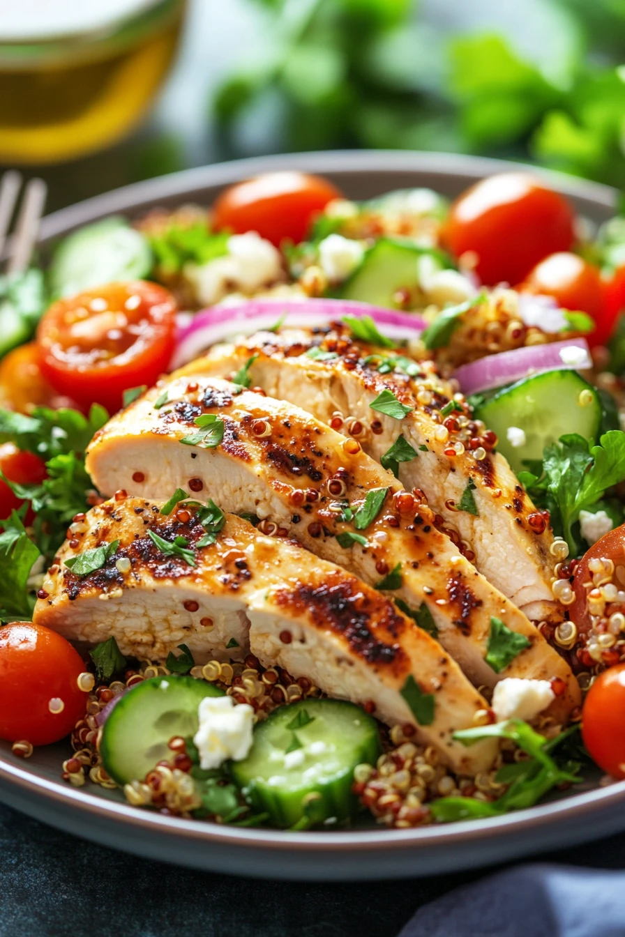 Close-up of a high protein chicken quinoa salad with fresh greens and colorful vegetables.