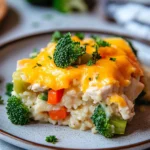 Close-up of a high protein chicken rice casserole with golden crust and herbs