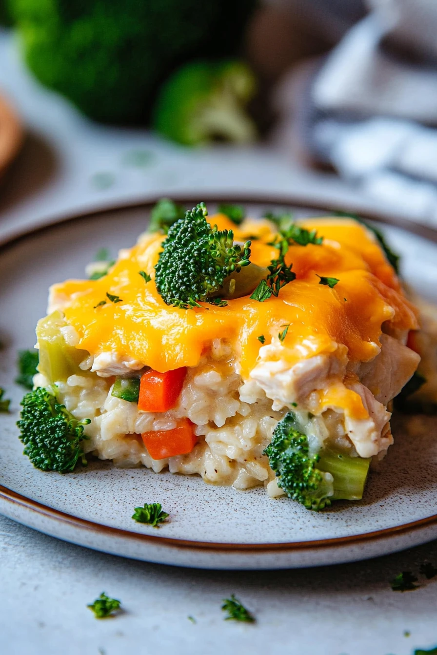 Close-up of a high protein chicken rice casserole with golden crust and herbs