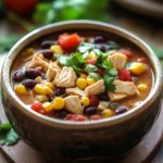 Close-up of a hearty chicken taco soup with beans and corn in a white bowl