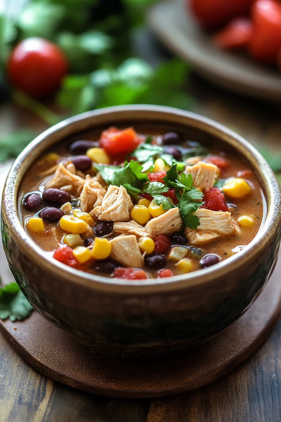 Close-up of a hearty chicken taco soup with beans and corn in a white bowl