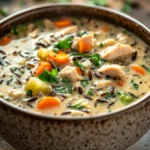 Close-up of high protein chicken wild rice soup with creamy broth and herbs