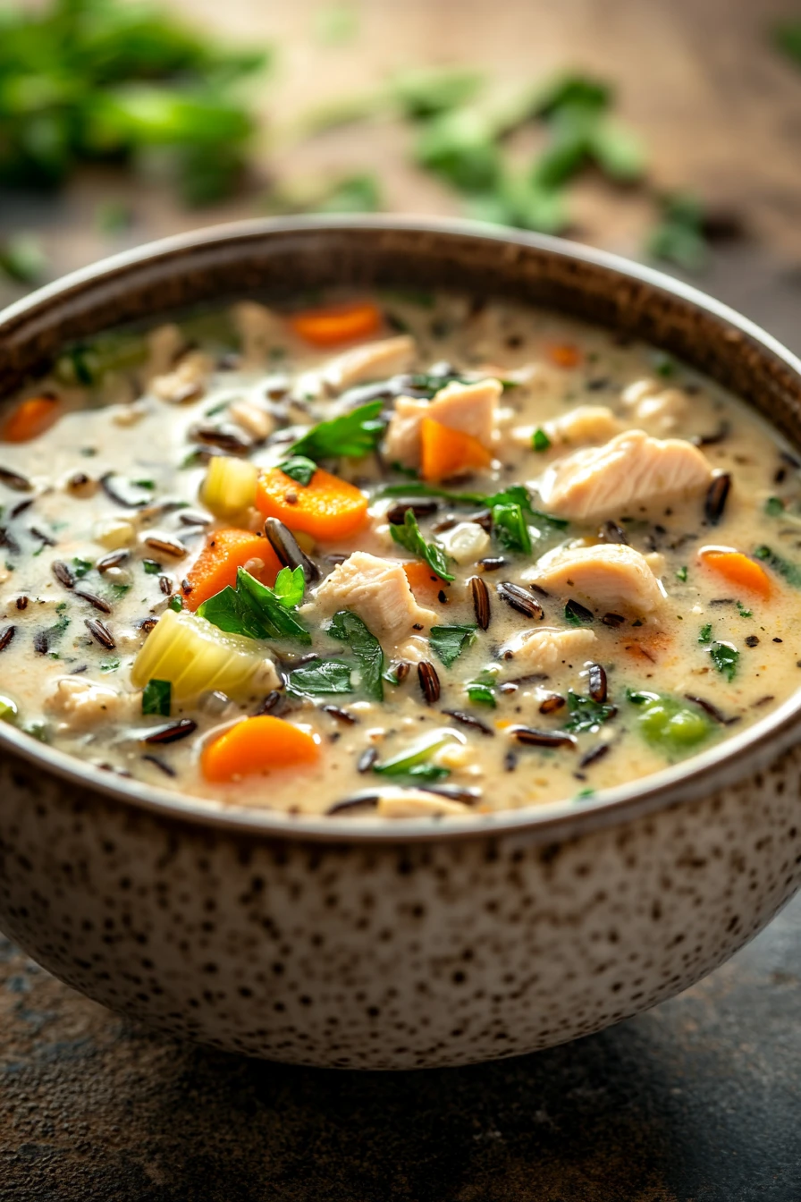 Close-up of high protein chicken wild rice soup with creamy broth and herbs