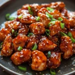 Close-up of high protein Korean BBQ chicken with a glossy glaze and garnished with sesame seeds.