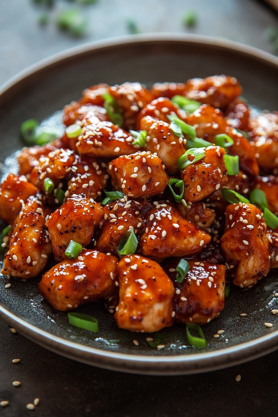 Close-up of high protein Korean BBQ chicken with a glossy glaze and garnished with sesame seeds.