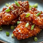 Close-up of crispy Korean fried chicken with a golden brown texture and minimal background.