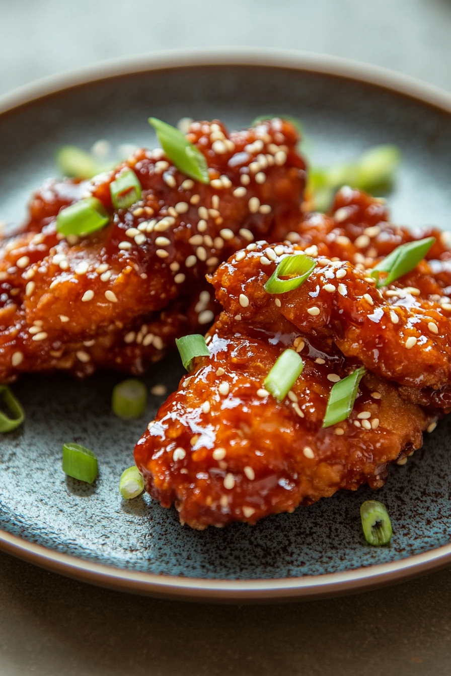 Close-up of crispy Korean fried chicken with a golden brown texture and minimal background.