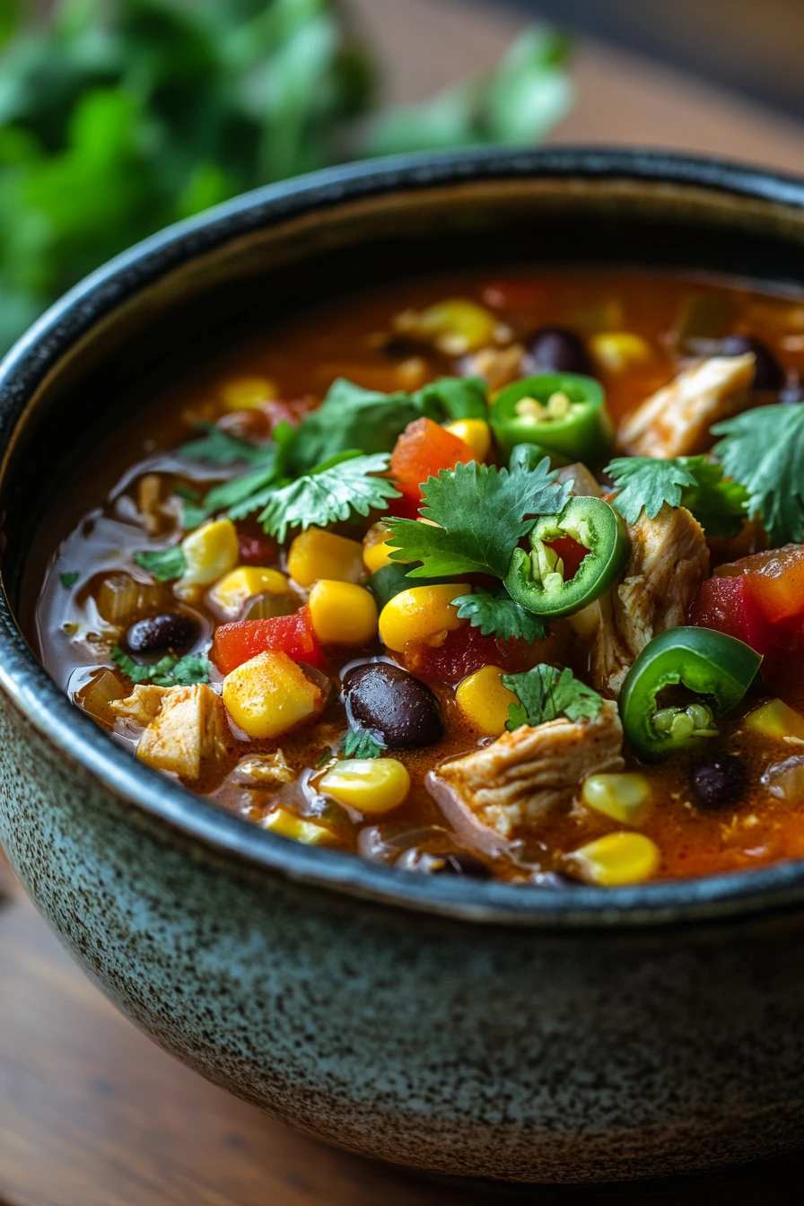 Close-up of high protein low calorie chicken enchilada soup with creamy texture and garnished with herbs