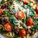 Close-up of a hearty orzo beef dish with visible textures and bright lighting.