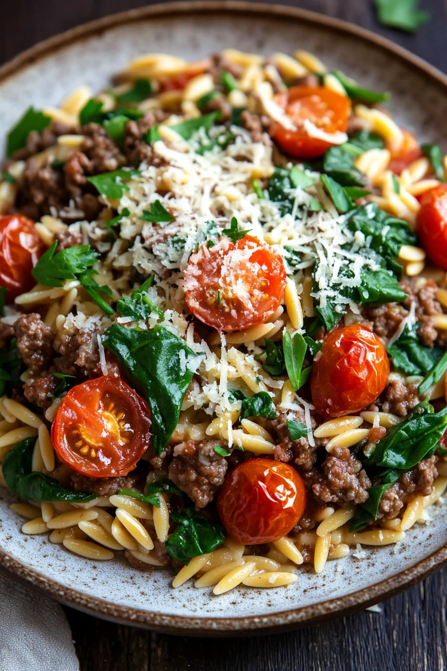 Close-up of a hearty orzo beef dish with visible textures and bright lighting.