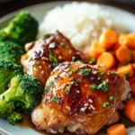 Close-up of honey garlic chicken thighs with a glossy sauce and garnished with herbs