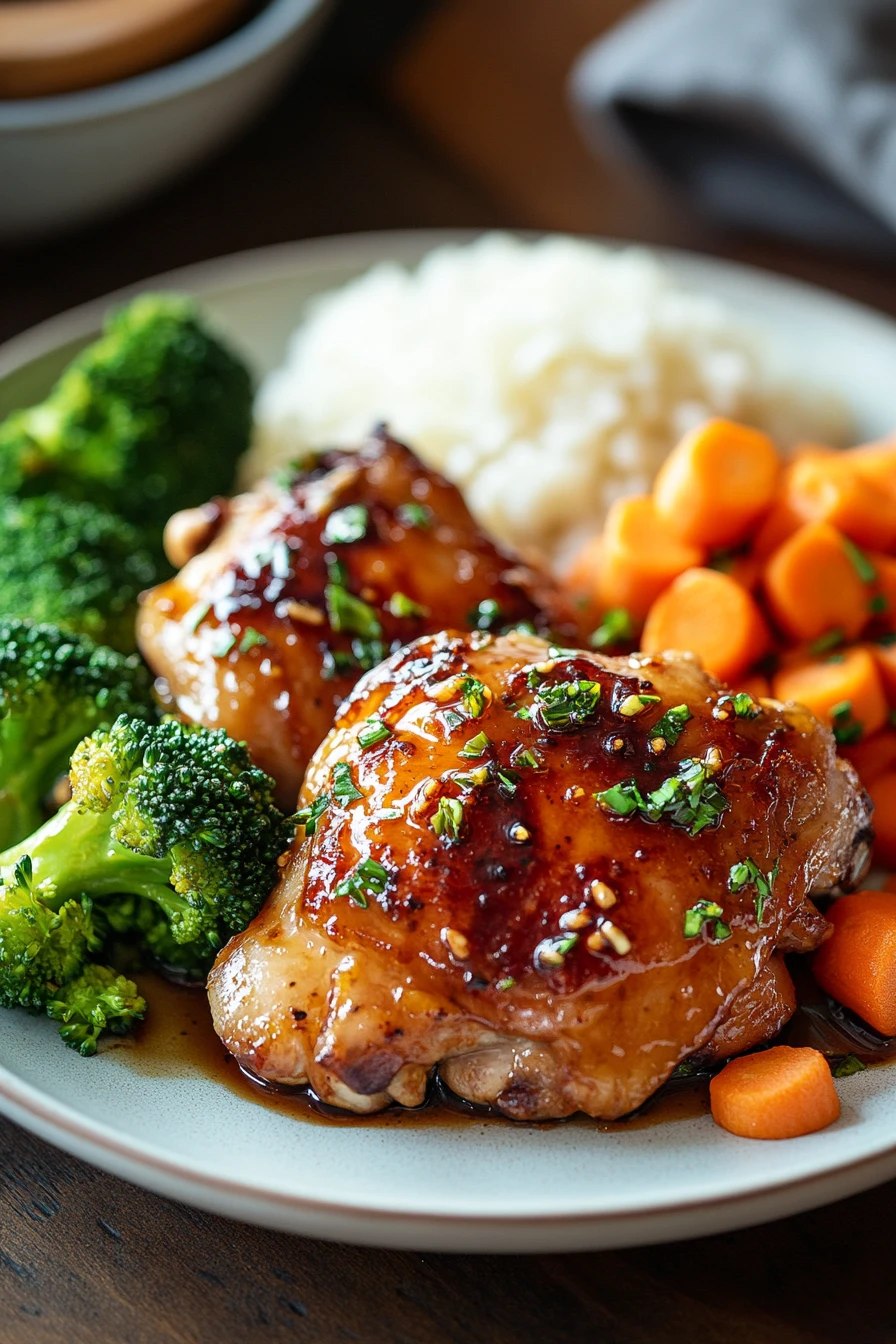 Close-up of honey garlic chicken thighs with a glossy sauce and garnished with herbs