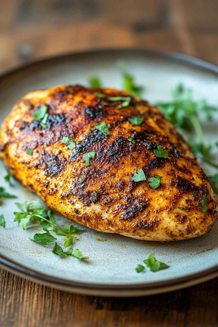Close-up of jerk chicken breast cooked in an air fryer with a clean background