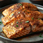 Close-up of jerk salmon cooked in an air fryer with a clean background.