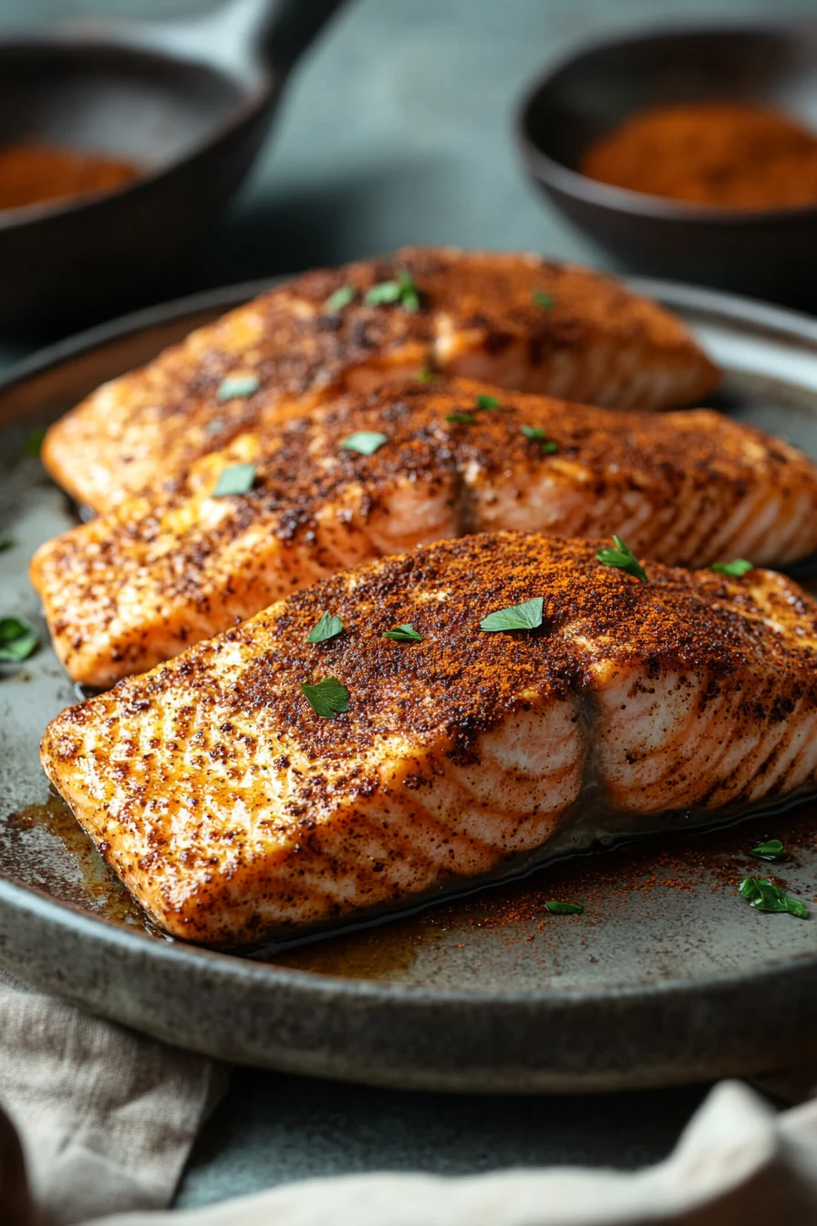 Close-up of jerk salmon cooked in an air fryer with a clean background.