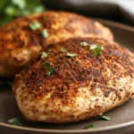 Juicy air fryer boneless chicken breast with golden brown crust and herbs