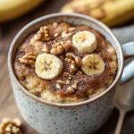 Close-up of a keto banana nut mug cake in a white mug with a clean background.