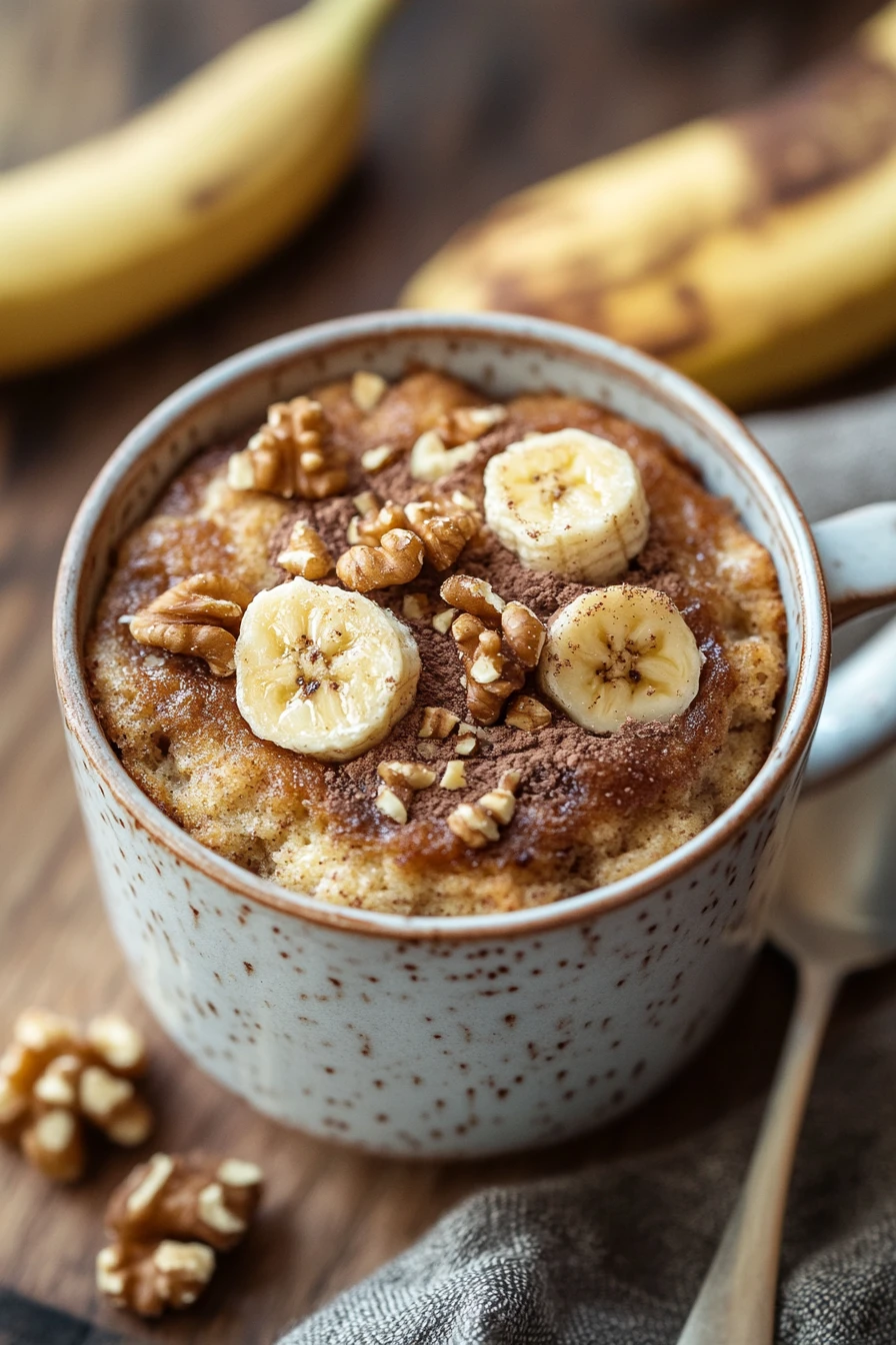 Close-up of a keto banana nut mug cake in a white mug with a clean background.
