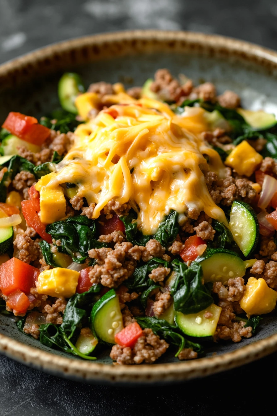 Close-up of a keto dinner with ground turkey, garnished with herbs and served in a white bowl.