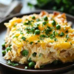 Close-up of keto tuna casserole with peas in a bright, warm setting