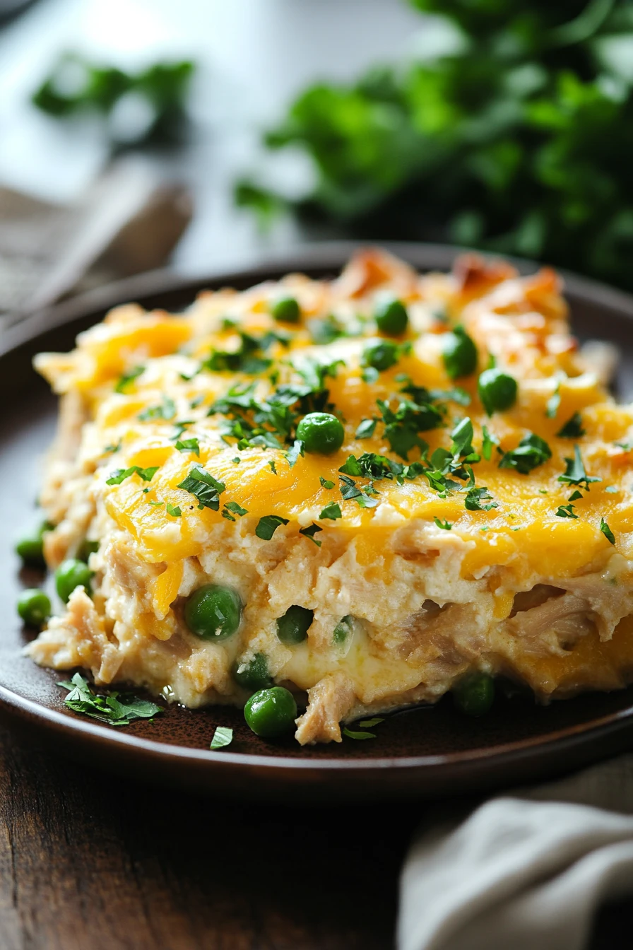 Close-up of keto tuna casserole with peas in a bright, warm setting