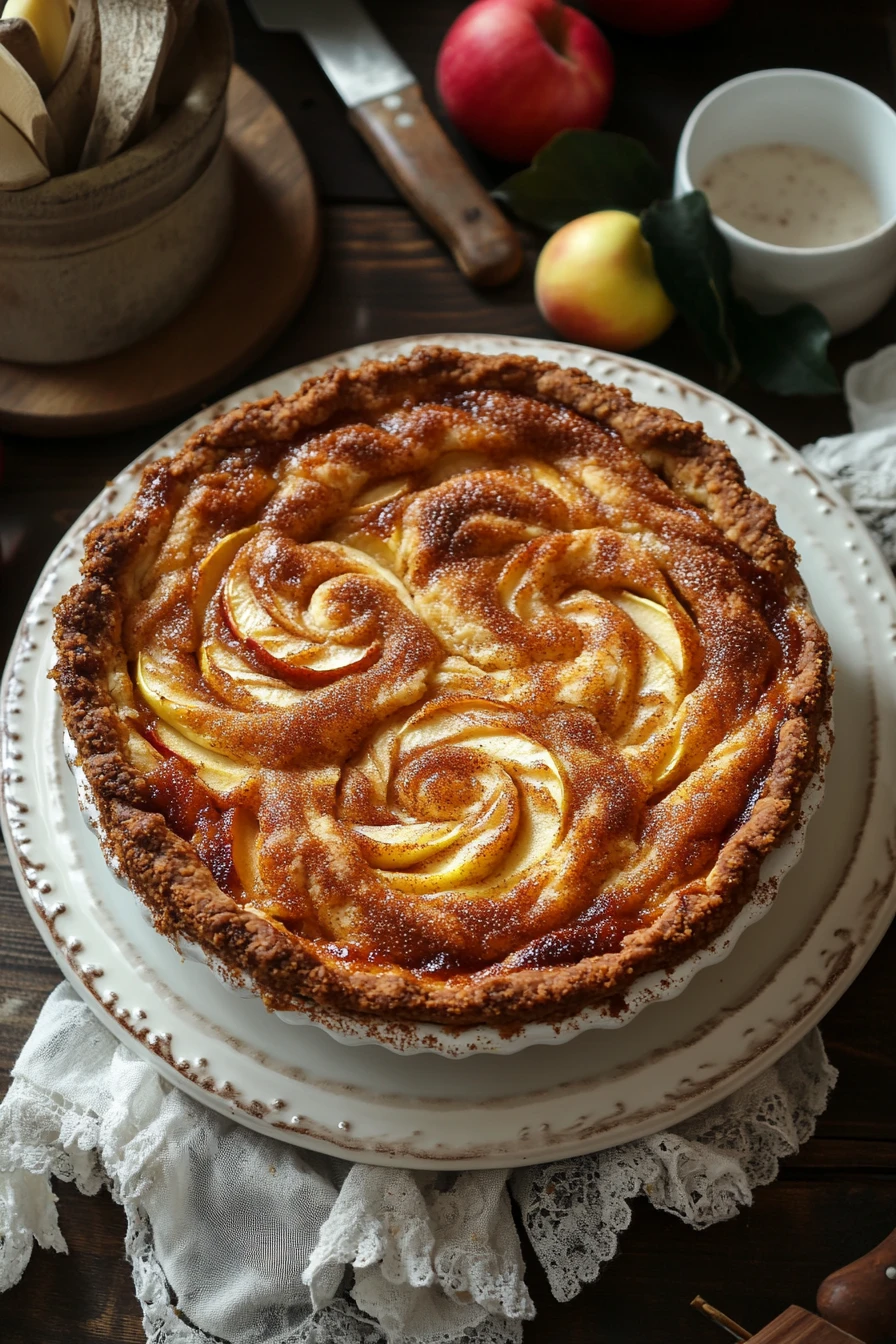 Close-up of Krusteaz cinnamon swirl apple dump cake with a golden crust and cinnamon swirls.