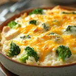 Close-up of a layered chicken broccoli rice casserole with golden cheese topping