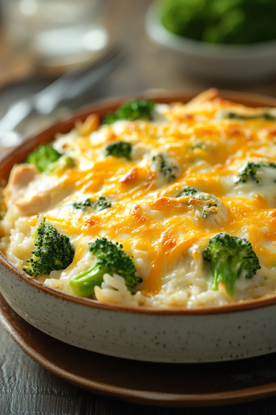Close-up of a layered chicken broccoli rice casserole with golden cheese topping