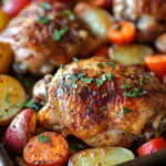 Lemon butter sheet pan chicken with roasted vegetables on a white plate