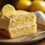 Close-up of a beautifully decorated lemon cake with a slice cut out, showcasing its moist texture.