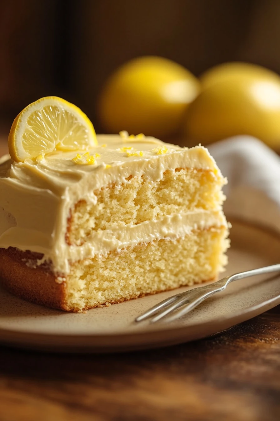 Close-up of a beautifully decorated lemon cake with a slice cut out, showcasing its moist texture.