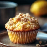 Close-up of lemon streusel muffins with a crumbly topping on a clean background.