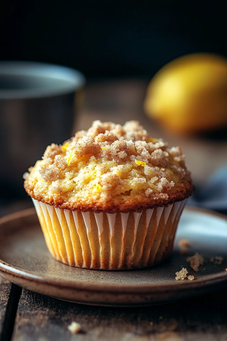 Close-up of lemon streusel muffins with a crumbly topping on a clean background.