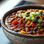 Close-up of a hearty lentil chili in a slow cooker with vibrant colors and textures.