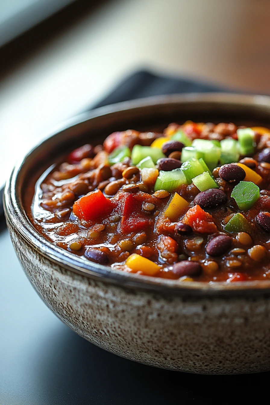 Close-up of a hearty lentil chili in a slow cooker with vibrant colors and textures.