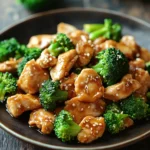 Close-up of low calorie chicken and broccoli with bright, warm lighting