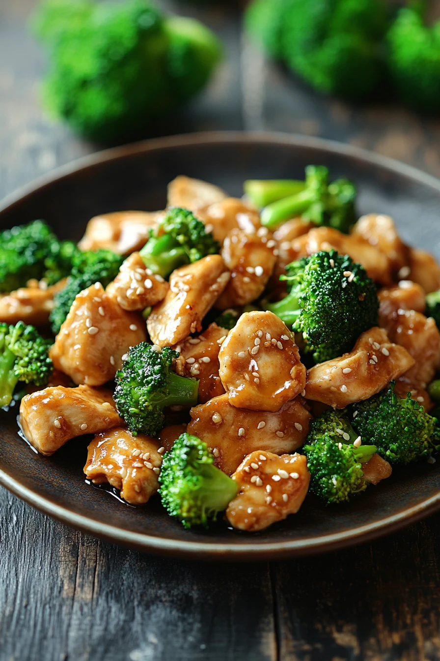 Close-up of low calorie chicken and broccoli with bright, warm lighting