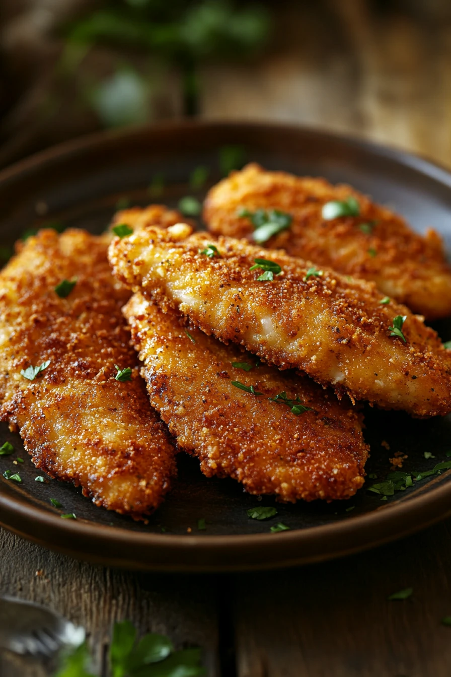 Close-up of low calorie chicken cutlets with a golden crust on a white plate.