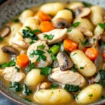 Close-up of low calorie chicken gnocchi with creamy sauce and herbs