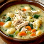 Close-up of a bowl of low calorie chicken gnocchi soup with creamy broth and herbs