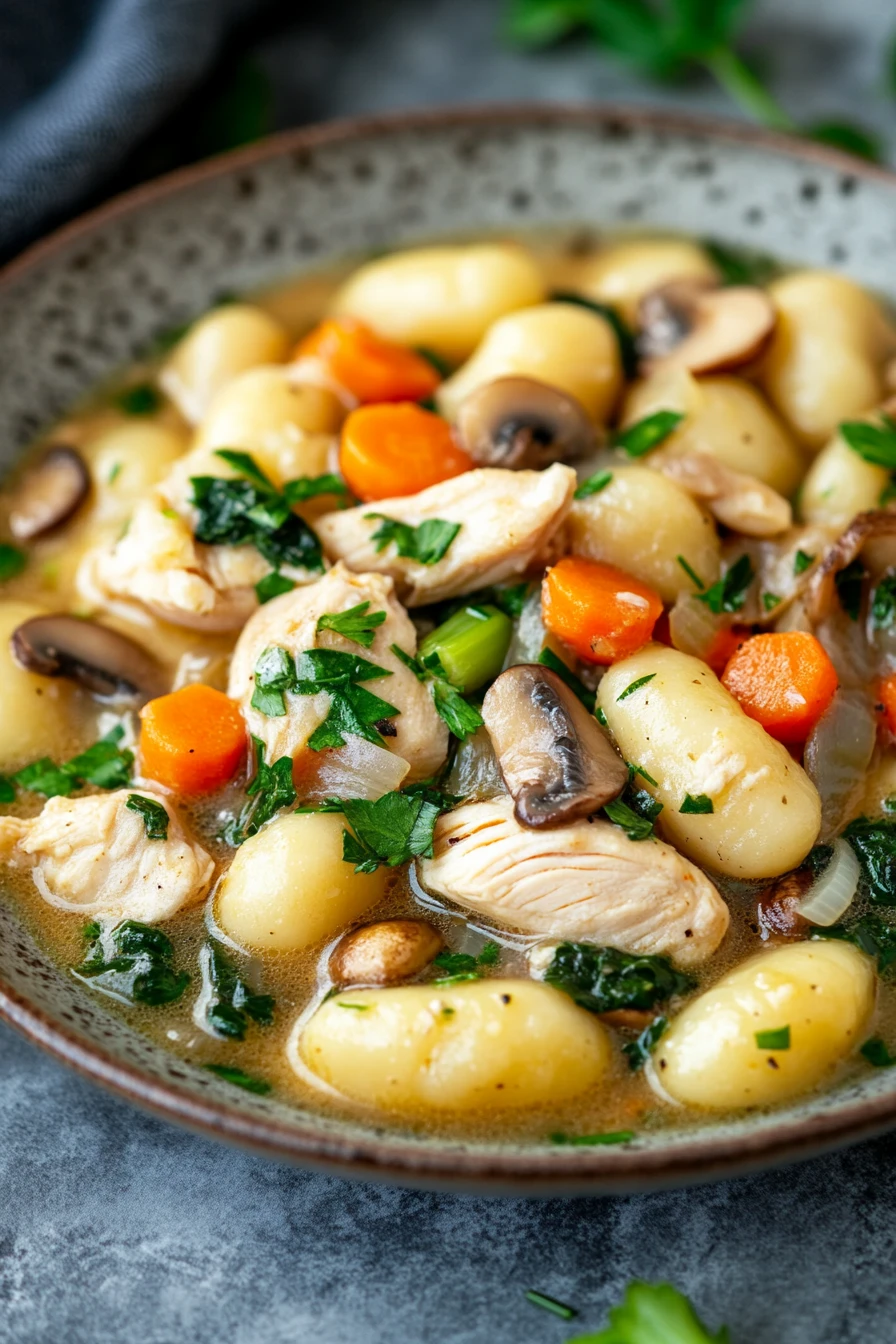 Close-up of low calorie chicken gnocchi with creamy sauce and herbs