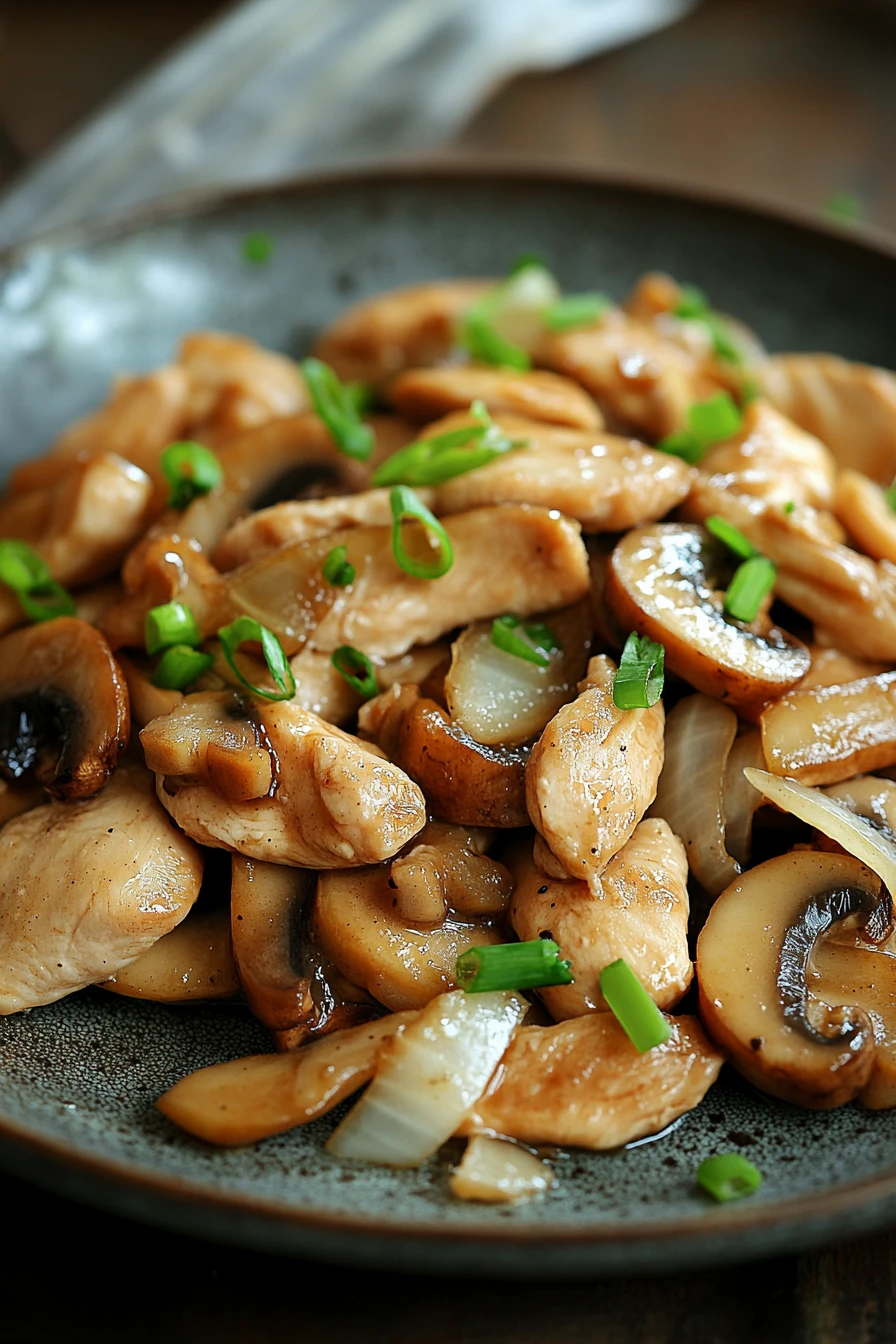 Close-up of a low calorie chicken mushroom dish with bright lighting and clean background