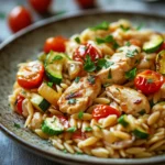 Close-up of a low calorie chicken orzo dish with vibrant colors and fresh ingredients.