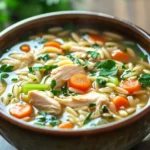 Close-up of a vibrant chicken orzo soup with vegetables and herbs in a bright setting.